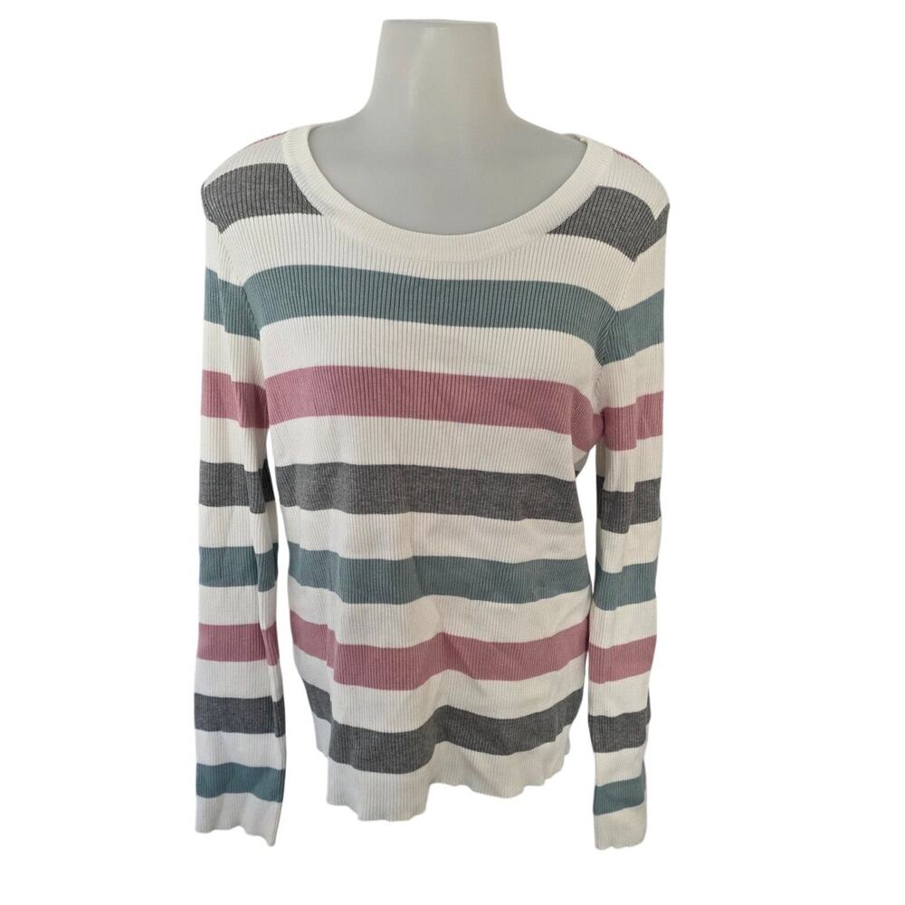 Pink Lily Multicolor Striped Ribbed Long Sleeve Top Large Minimalist Casual Work